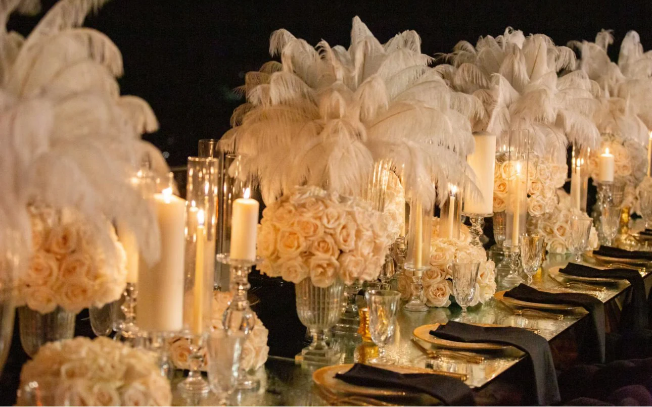Feather-styled table setting from a Prestige event
